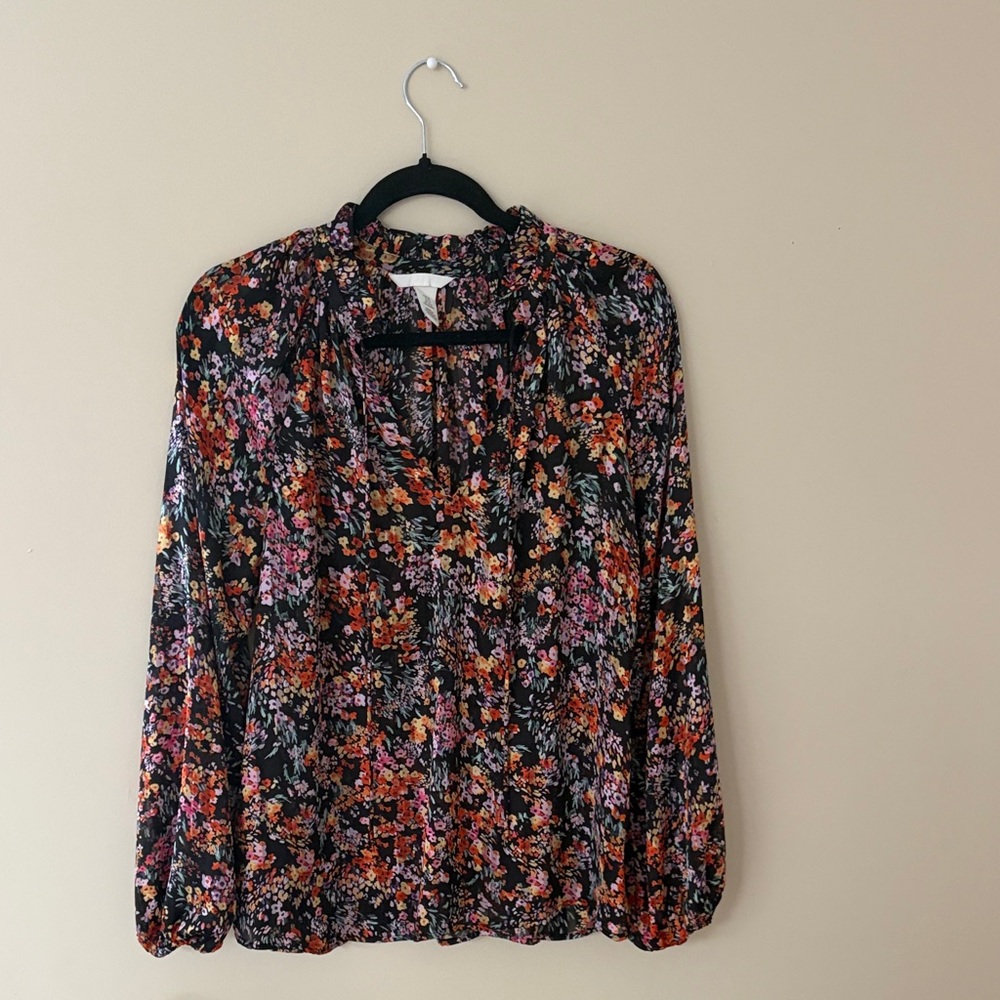 H&M Black Floral Blouse with Pink, Orange and Purple Accents